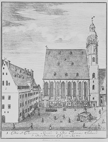 Blick aus den Bosehaus auf Thomaskirche und -schule, um 1720
