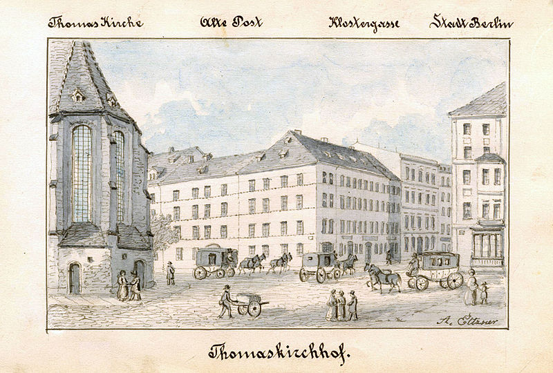 Postbetrieb auf dem Leipziger Thomaskirchhof vor der ehemaligen Post im Amtshaus