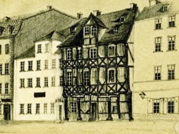 Das alte Begiunenhaus (Mitte) in der Universitätsstraße Leipzig vor seinem Abriss 1855