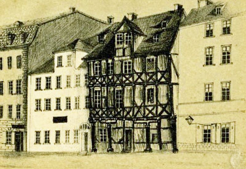 Das alte Begiunenhaus (Mitte) in der Universitätsstraße Leipzig vor seinem Abriss 1855