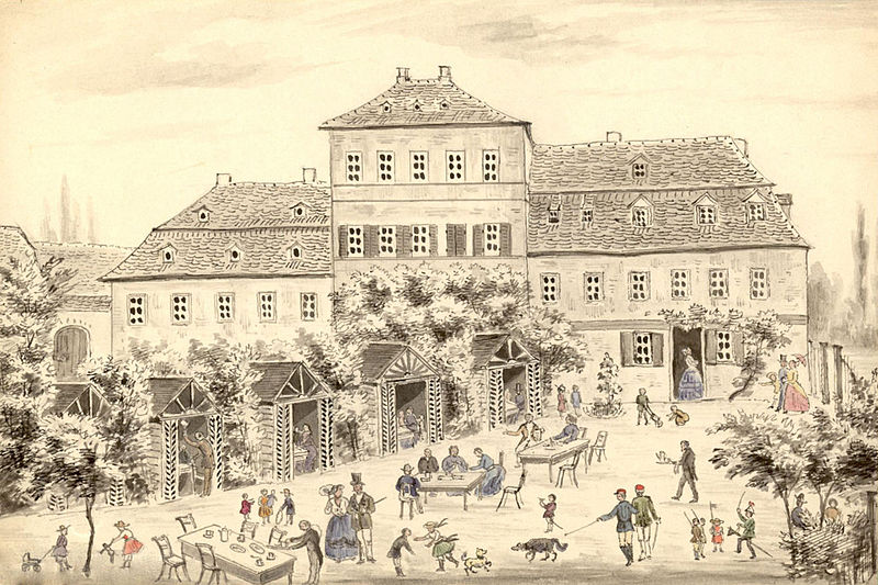 Das Gartenlokal des Brandvorwerks in Leipzig um 1880, kolorierte Federzeichnung