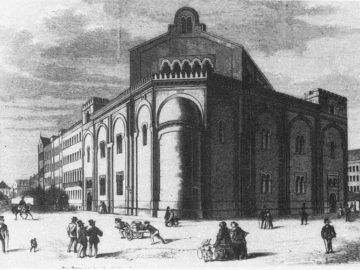 Alte Synagoge in Leipzig, Gottschedstraße 3, erbaut 1854/55 von Otto Simonson, von den Nationalsozialisten zerstört im Jahre 1938, Bild aus dem Jahr 1850