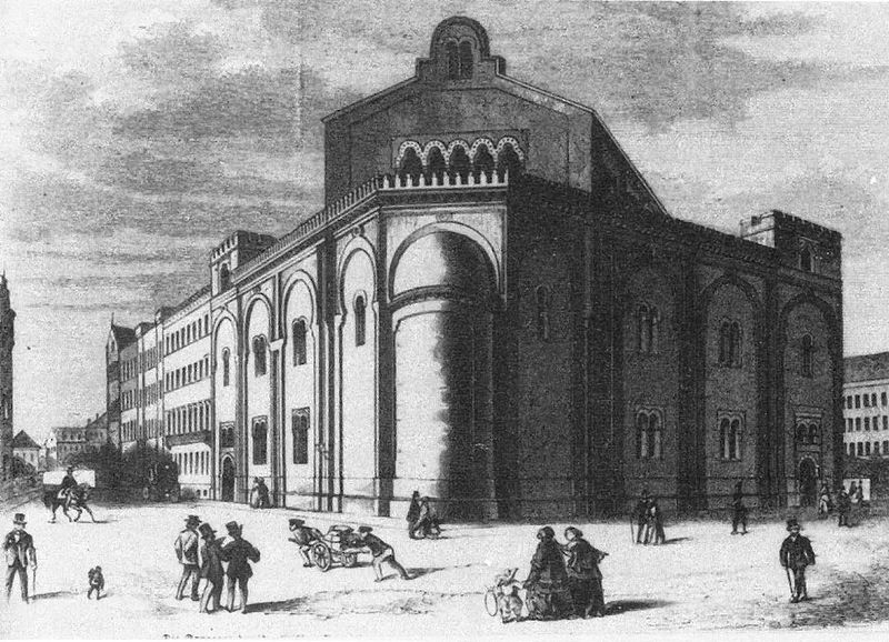 Alte Synagoge in Leipzig, Gottschedstraße 3, erbaut 1854/55 von Otto Simonson, von den Nationalsozialisten zerstört im Jahre 1938, Bild aus dem Jahr 1850