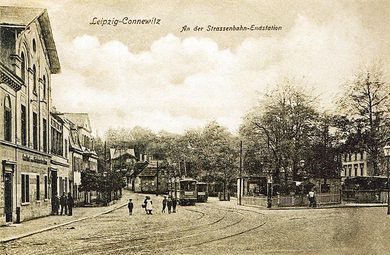 Die Endstelle „Eiskeller“ in Connewitz auf einer Postkarte von 1907. Links das „Sächsische Haus“