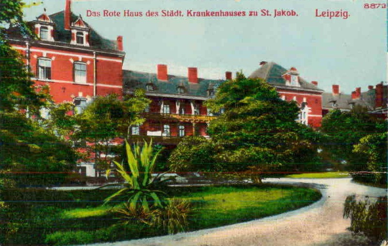 Rotes Haus des Städtischen Krankenhauses St. Jakob in Leipzig, Ansicht von hinten. Kolorierte Ansichtskarte, gelaufen 1912