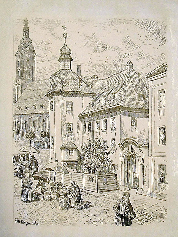 Das Alte Johannishospital in Leipzig mit der Johanniskirche um 1880, Federzeichnung von Fritz Bergen