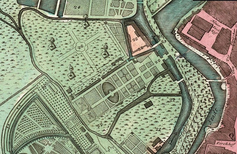 Der Kleinbosische Garten (Nummern 22) auf einem Auschnitt eines Stadtplanns von Leipzig von 1749