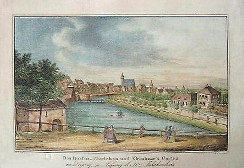 Der Kleinbosische Garten in Leipzig (rechts), von der Barfußpforte aus gesehen um 1715, kolorierte Lithografie