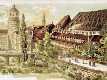Das Südende der Altstadt von Leipzig um 1850 mit Kornhaus (rechts) neben Alter Peterskirche, Peterstor und Pleißenburg