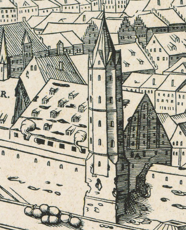 Das Kornhaus in Leipzig hinter dem Hohen Turm (1547). Ausschnitt aus dem Holzschnitt zur Belagerung Leipzigs im Schmalkaldischen Krieg