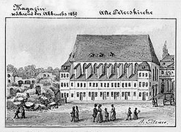 Der Abbruch des Kornhauses (Magazin) in Leipzig 1859 (links), rechts die alte Peterskirche und das Peterstor