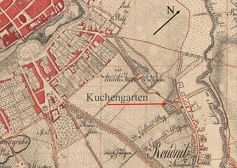 Der Kuchengarten in Reudnitz bei Leipzig, markiert auf einer Karte von 1802 (Ausschnitt aus Meilenblätter von Sachsen 1780-1806)
