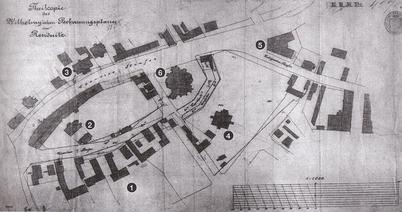 Bausituation auf einem Bebauungsplan von 1888
