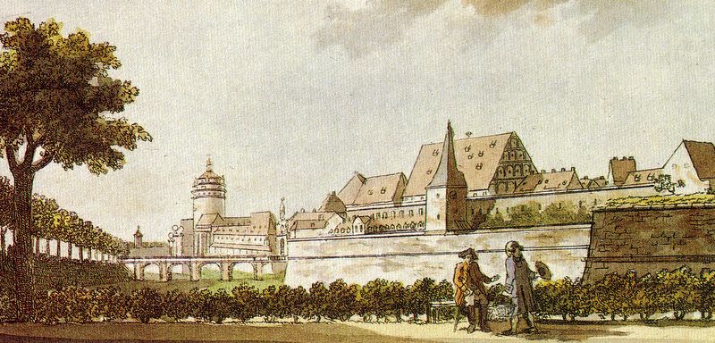 Brücke über den Stadtgraben am Peterstor 1784 – rechts die Moritzbastei
