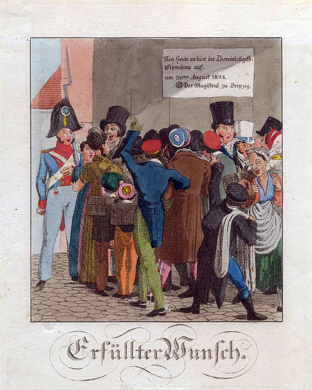 Federzeichnung von 1824 zur Aufhebung des Torgroschens – links in Uniform ein Torwächter, in der Bildmitte Studenten mit typischer Studentenmütze
