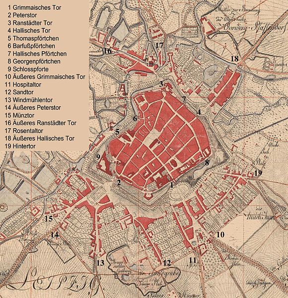 Die Lage der Leipziger Stadttore auf einer Karte von 1800
