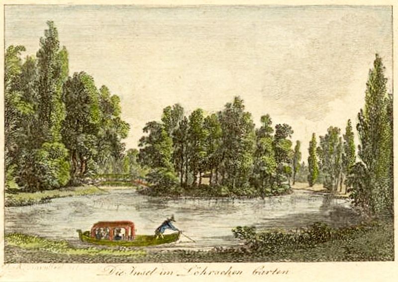 Die Insel im Teich von Löhrs Garten in Leipzig. Kolorierter Stich
