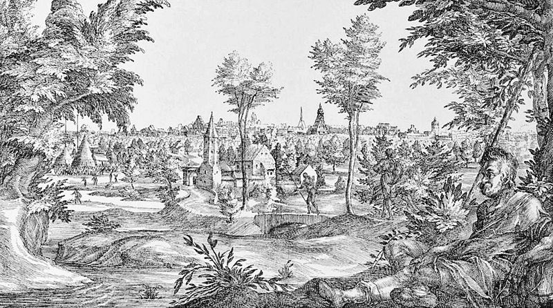 Leipzig 1594 von Westen gesehen, vorn der Kuhturm in Lindenau