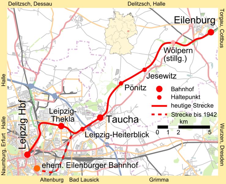 Bahnstrecke Leipzig–Eilenburg mit ehemaligem Verlauf zum Eilenburger Bahnhof