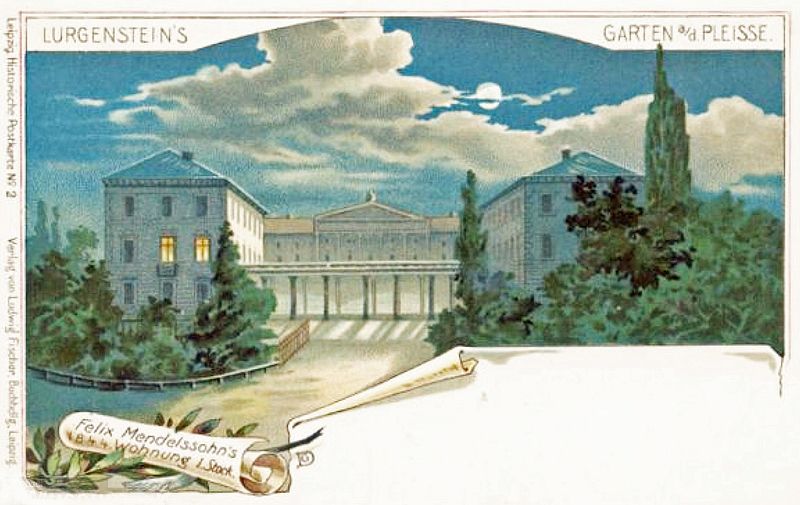 Postkarte von Lurgensteins Garten in Leipzig. Die erleuchteten Fenster markieren die Lage der Leipziger Wohnung der Familie von Felix Mendelssohn Bartholdy von 1837 bis 1845