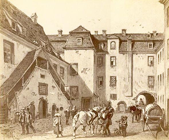 Innenhof des städtischen Marstalls in Leipzig, vor 1867