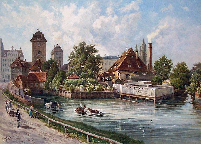 Die Nonnenmühle in Leipzig von Norden mit den beiden Wasserkünsten (links). Aquarell von Ernst Heyn um 1890