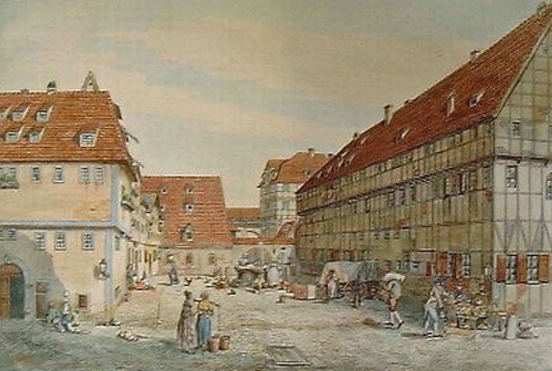 Der Eselsplatz mit der Rossmühle (links) gegenüber dem Kleinen Kolleg, um 1830