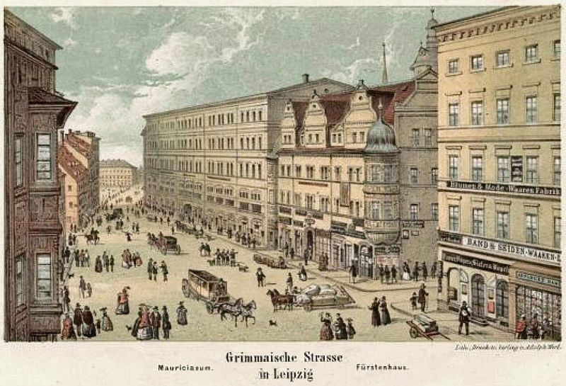 Die Grimmaische Straße in Leipzig mit Mauricianum und Fürstenhaus