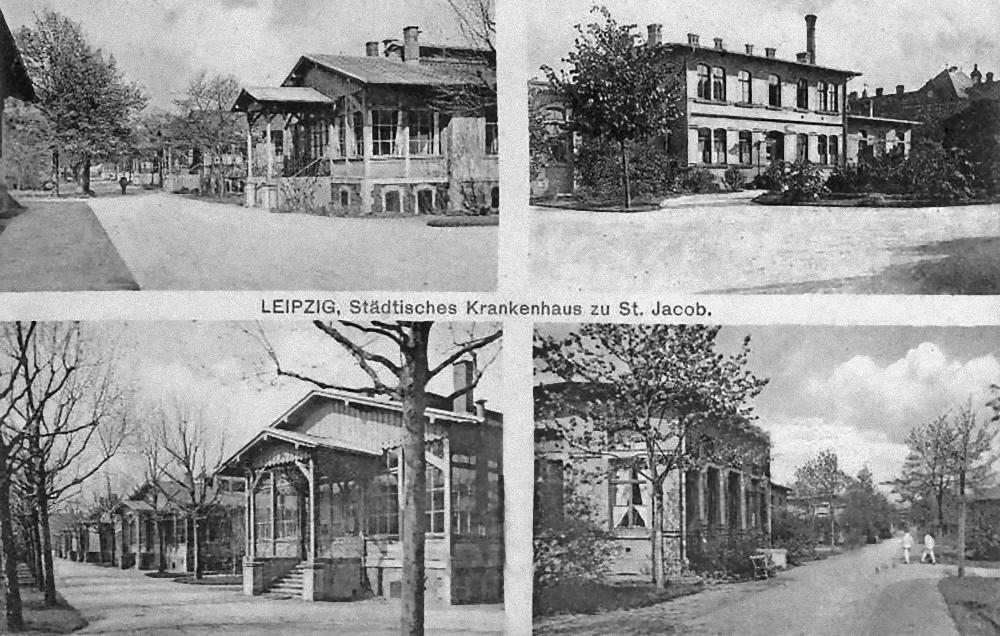 Im Gelände des Krankenhauses St. Jakob Leipzig, Ansichtskarte von 1908 / Public Domain