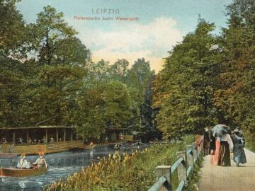Das Restaurant Zum Wassergott an der Pleiße in Leipzig, Ansichtskarte von 1906