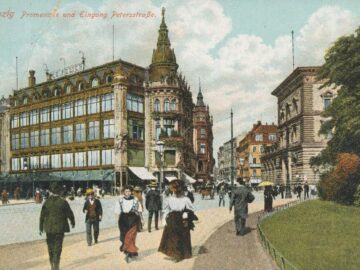 Ansicht Leipzig, Promenade und Eingang Petersstraße, mit dem Geschäftshaus August Polich