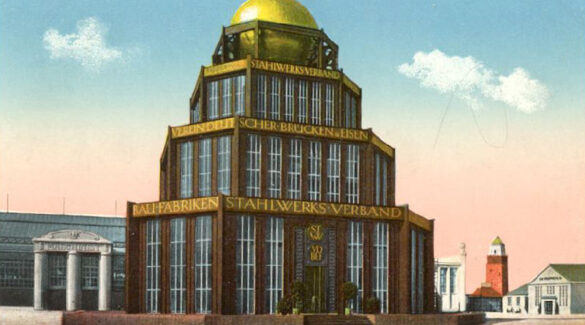 Internationale Baufach-Ausstellung 1913 Leipzig, Monument des Eisens mit Aufschriften Stahlwerksverband, Verein deutscher Brücken- u. Eisen, Bau-Fabriken Stahlwerks Verband ...