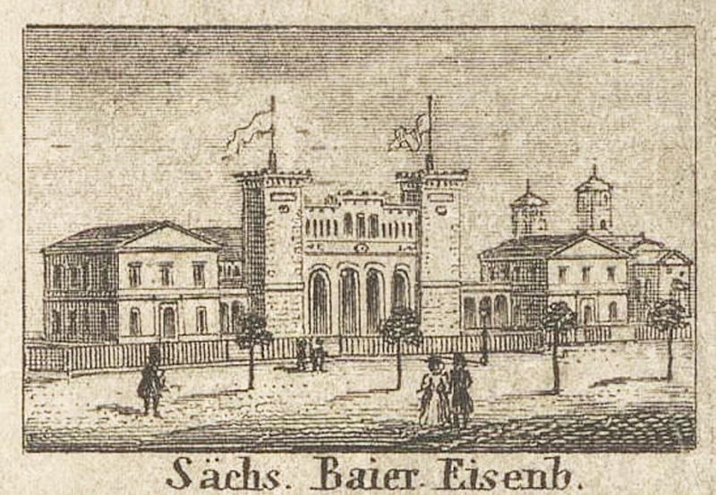 Randvignette Bayerischer Bahnhof auf einem Vogelschauplan von Leipzig 1847 / Public Domain