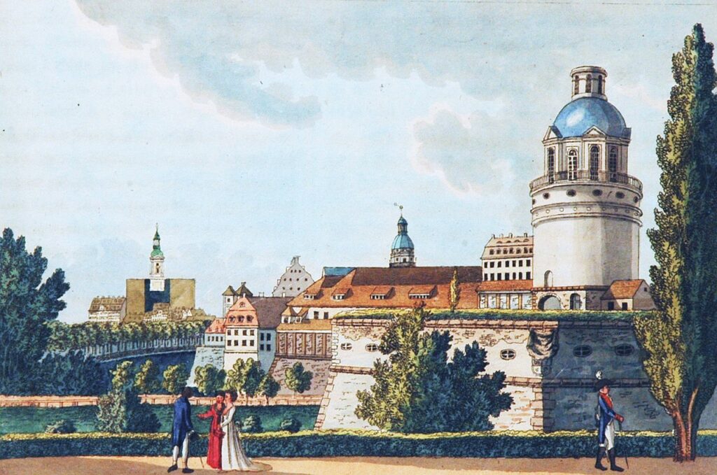  Ehemalige Pleißenburg in Leipzig 1804 mit Sternwarte. Kupferstich 16,5 x 20,5cm (Plattenrand) von Benjamin Schwarz, aquarelliert.