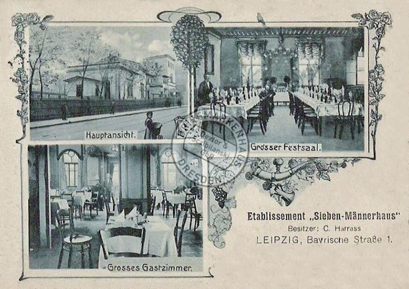 Die Leipziger Gaststätte Siebenmännerhaus auf einer historischen Postkarte um 1915 / Public Domain