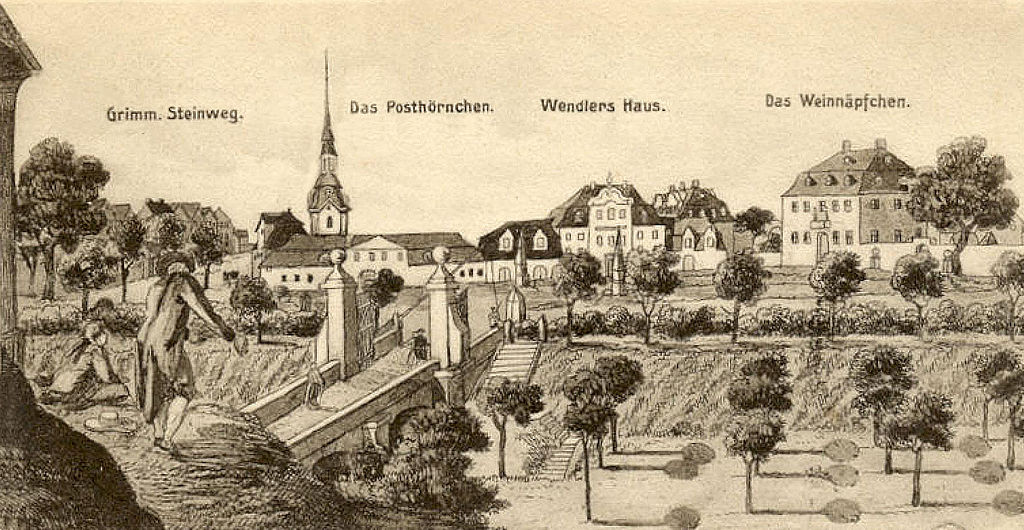 Blick vom Grimmischen Thore nach dem Steinweg und der Johannisgasse 1785; Grimmaischer Steinweg, Posthörnchen, Wendlers Haus, Weinnäpfchen / Public Domain