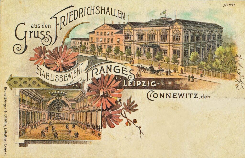 Historische Ansichtskarte vom ehemaligen Restaurant, Hotel und Tanzpalst Friedrichshallen in der Brandstraße in Leipzig-Connewitz (zerstört 19./20. Februar 1944) / Public Domain