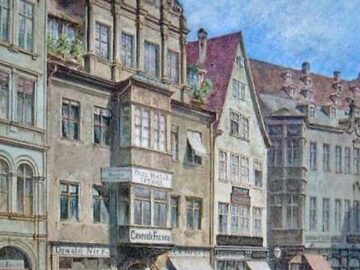 Deutrichs Hof an der Reichsstraße in Leipzig um 1900. Aquarell von Georg Dehn / Public Domain