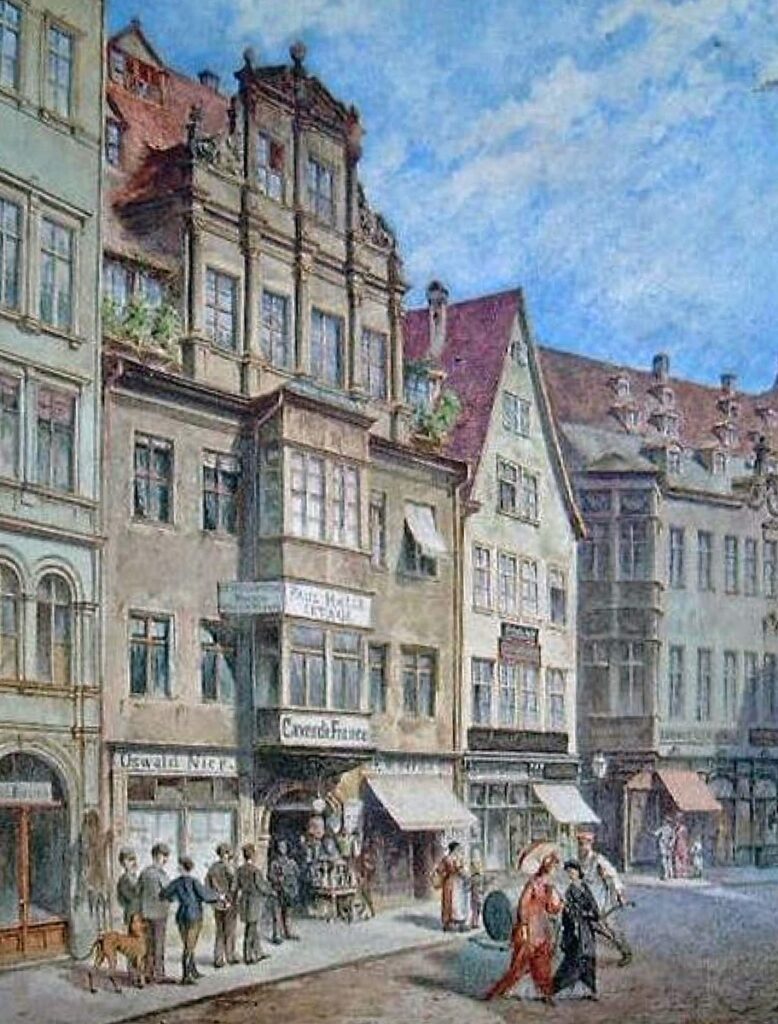  Deutrichs Hof an der Reichsstraße in Leipzig um 1900. Aquarell von Georg Dehn / Public Domain