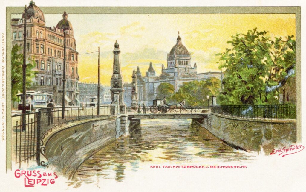 Karl-Tauchnitz-Brücke mit Reichsgericht (um 1900) / Public Domain