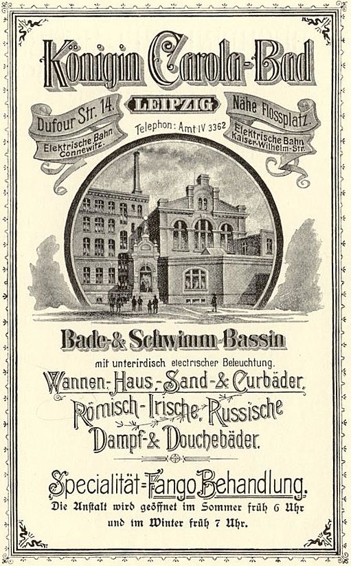 Werbung für das Königin Carola-Bad (Abb. Hofbereich) um 1900 / Public Domain