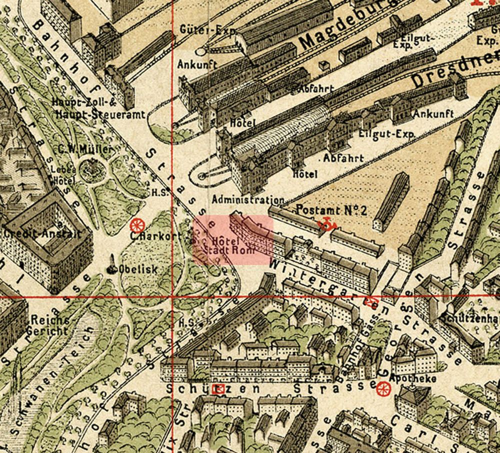 Lage des ersten Hôtels Stadt Rom auf einem Plan von 1881 / <a href="https://commons.wikimedia.org/wiki/File:Lage_Hotel_Stadt_Rom_1881.jpg">E. Blumenau (Zeichner), G. Busch (Lithograf), Wagner & Debes (Drucker)</a>, <a href="https://creativecommons.org/licenses/by-sa/3.0">CC BY-SA 3.0</a>, via Wikimedia Commons