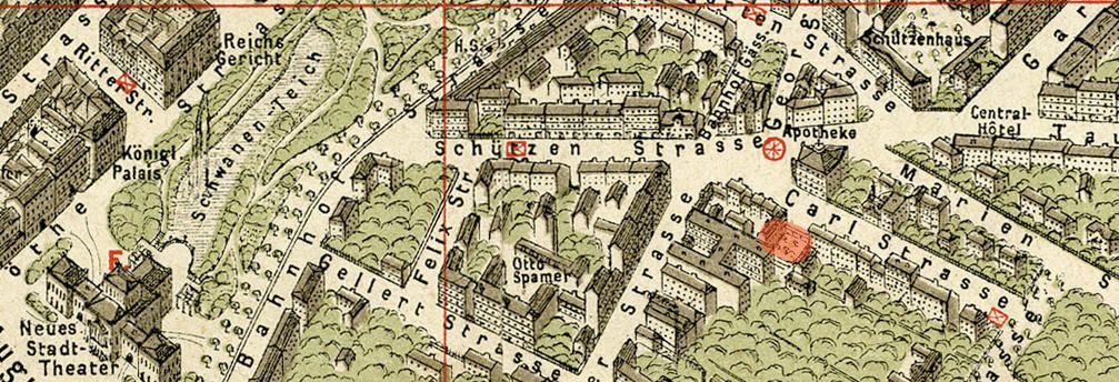 Lage des Restaurants „Zum Mariengarten“, um 1881 / <a href="https://commons.wikimedia.org/wiki/File:Lage_Mariengarten.jpg">E. Blumenau (Zeichner), G. Busch (Lithograf), Wagner & Debes (Drucker)</a>, <a href="https://creativecommons.org/licenses/by-sa/3.0">CC BY-SA 3.0</a>, via Wikimedia Commons