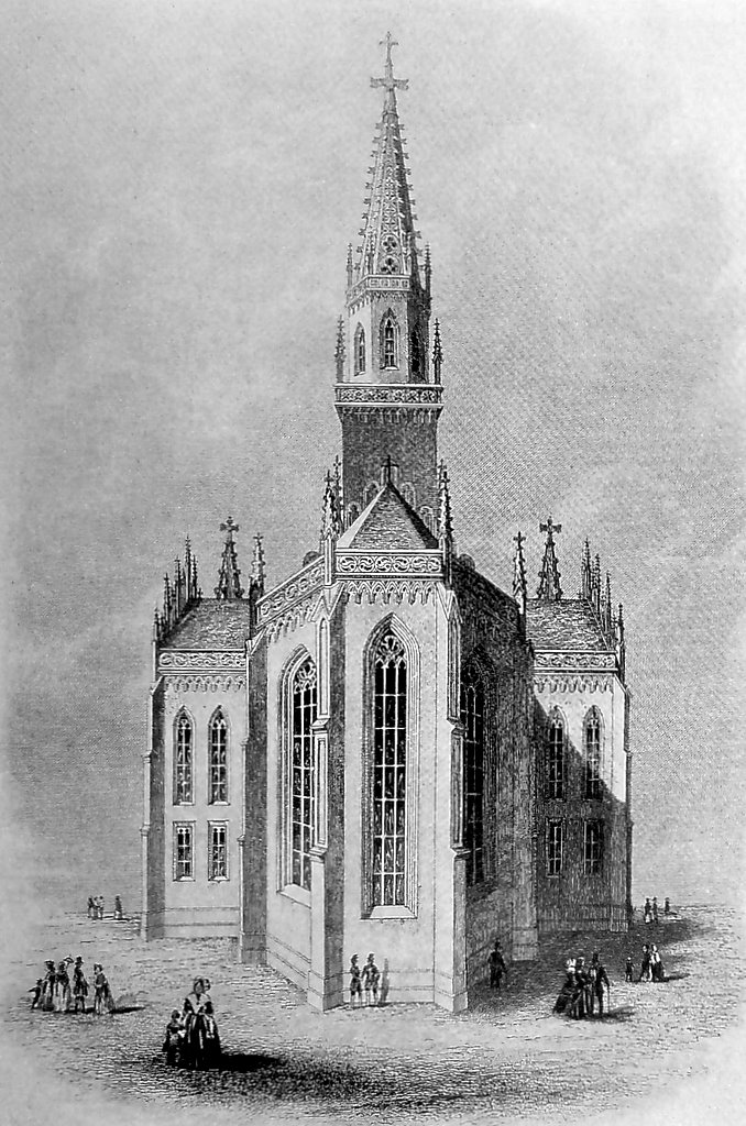 Stahlstich der Alten Trinitatiskirche in Leipzig, Ostansicht, 1847 / Public Domain