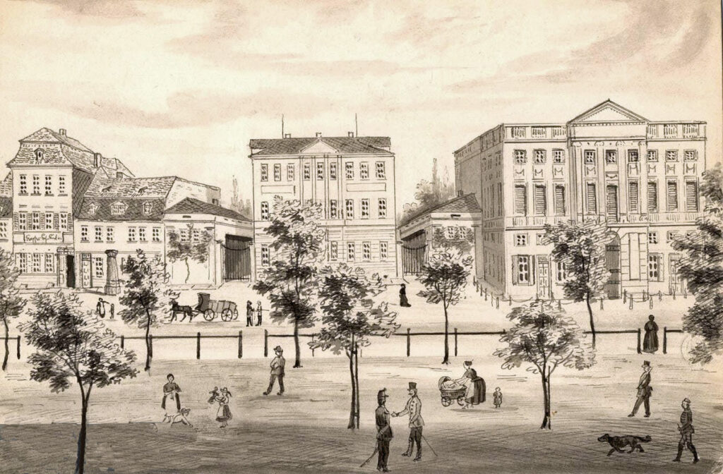 Löhrs Platz mit Löhrs Haus (re.) und Kupfers Kaffeegarten (li.), um 1860 / Public Domain