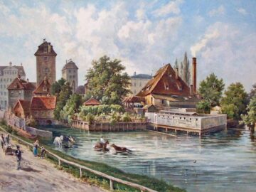 Die Nonnenmühle in Leipzig von Norden mit den beiden Wasserkünsten (links) um 1880. Aquarell von Ernst Heyn von 1890 / Public Domain