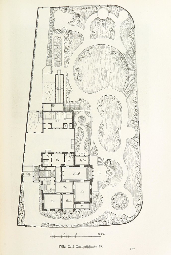 Grundriss und Gartenplan der Villa Gruner, urspünglich Carl-Tauchnitz-Str. 35, später Karl-Tauchnitz-Str. 19, Leipzig / Public Domain