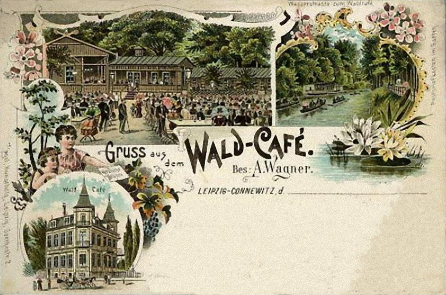 Postkarte des Waldcafés Leipzig-Connewitz, 1899 / Public Domain