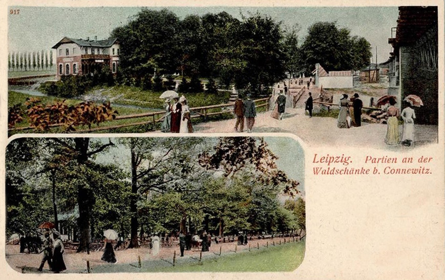 Die Waldschänke Lößnig auf einer Postkarte von 1906 / Public Domain