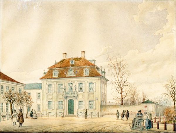  Das Weinnäpfchen in Leipzig. Aquarell über Bleistiftvorzeichnung, 192 x 251 mm. (» ›Weinnäpfchen‹ – Chr. Ad. und Emilie Mayers Haus am Augustusplatz, Leipzig) / Public Domain